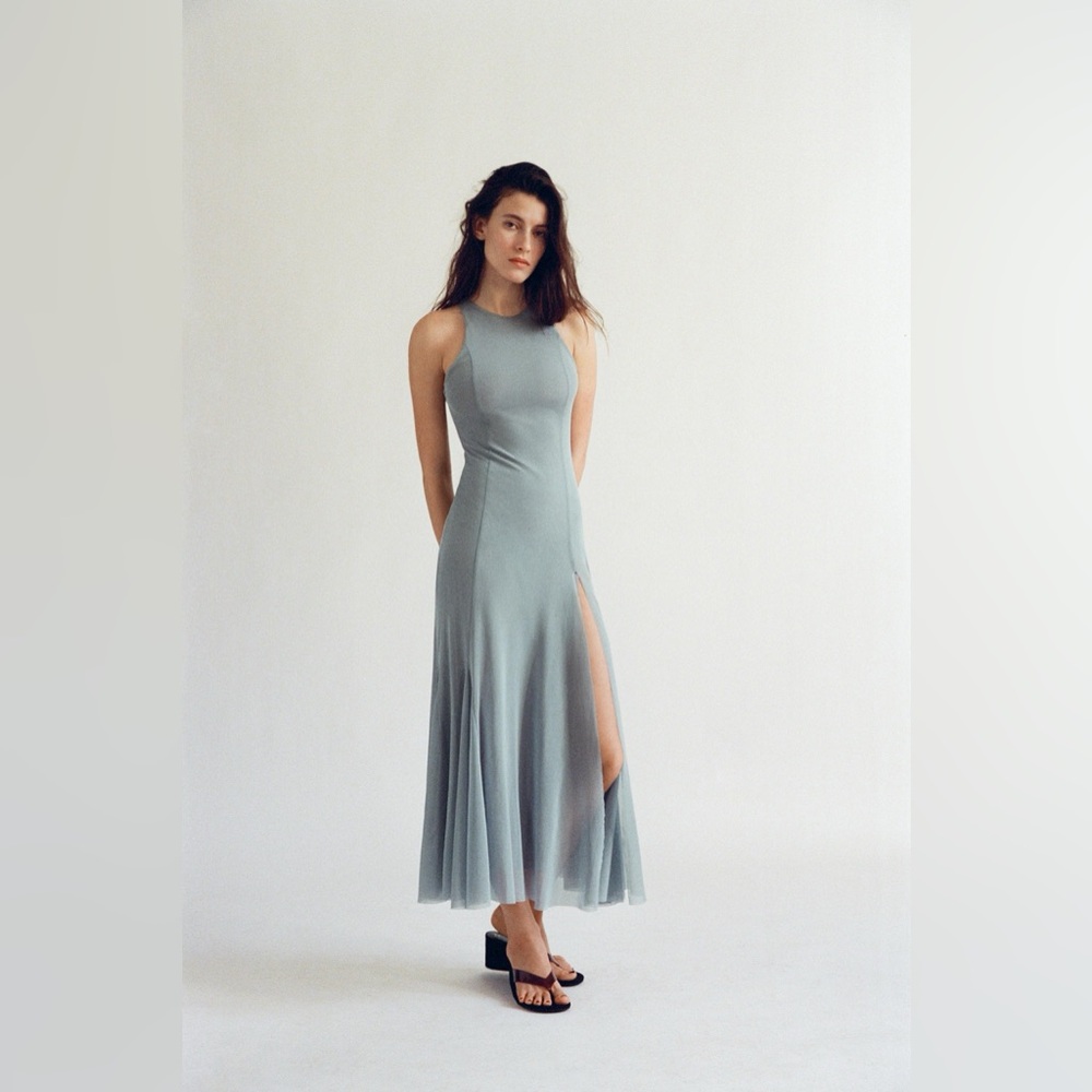 ZARA Tulle Godet Midi Dress Mid-blue /Grey M NWT